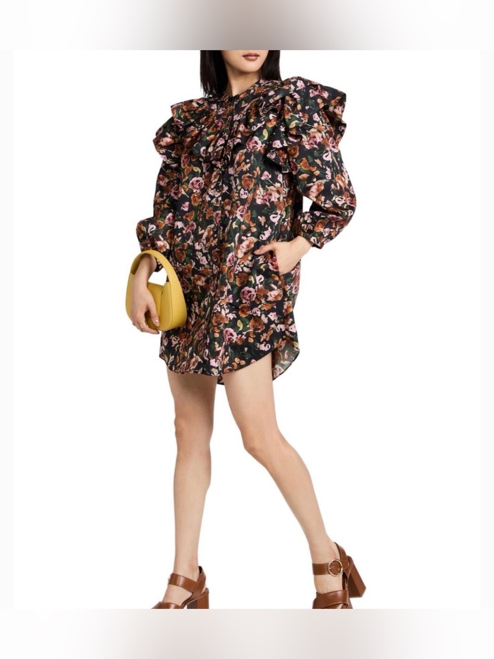 NWT Something Navy Floral Ruffle Button Up Dress in Black Combo